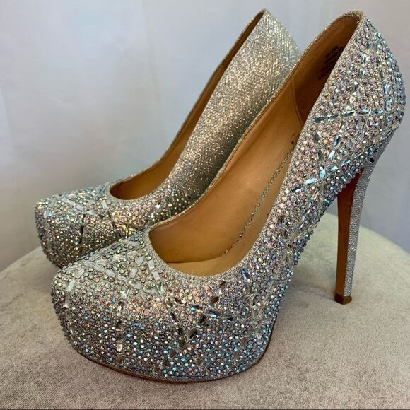 Silver with embellished iridescent Rhinestone gem platform pump High heels 8.5 - Picture 4 of 8